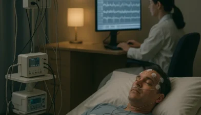 Sleep study lab with patient being monitored for sleep apnea and insomnia